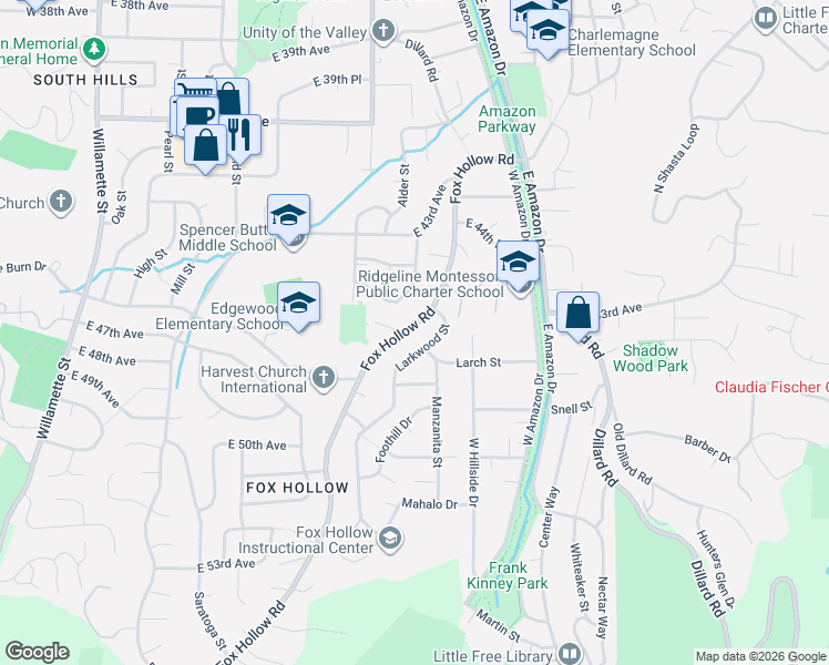 map of restaurants, bars, coffee shops, grocery stores, and more near 4540 Fox Hollow Road in Eugene