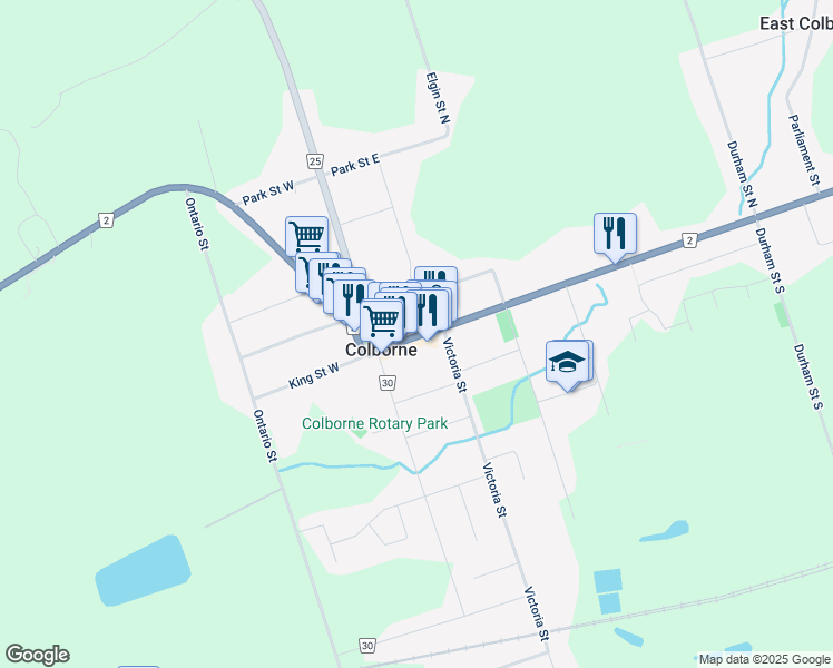 map of restaurants, bars, coffee shops, grocery stores, and more near 48 King Street East in Colborne