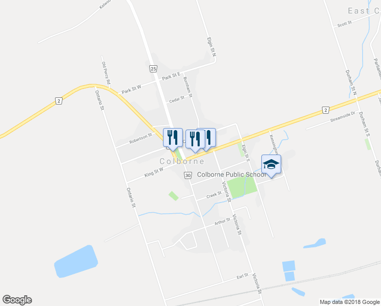 map of restaurants, bars, coffee shops, grocery stores, and more near 19 King Street East in Cobourg