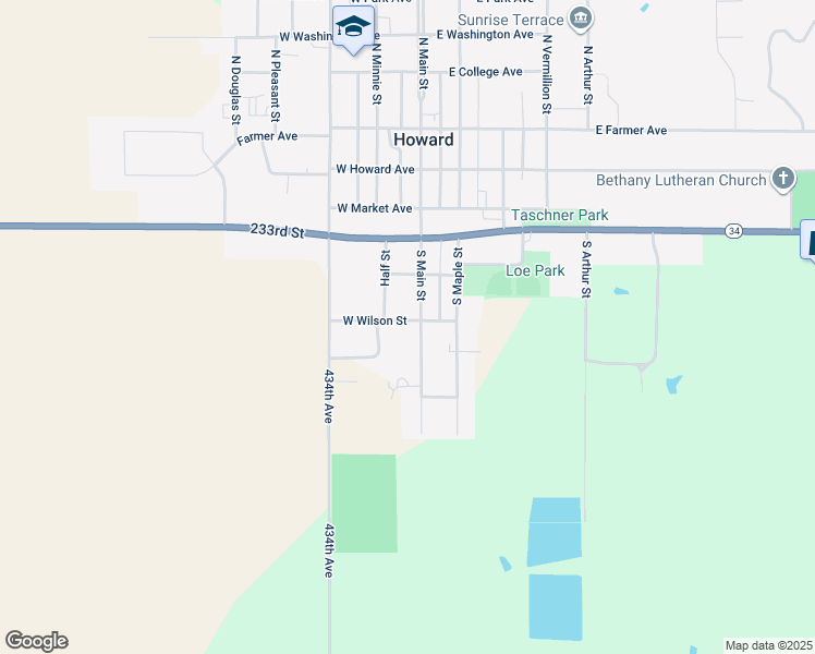 map of restaurants, bars, coffee shops, grocery stores, and more near 601 South Main Street in Howard