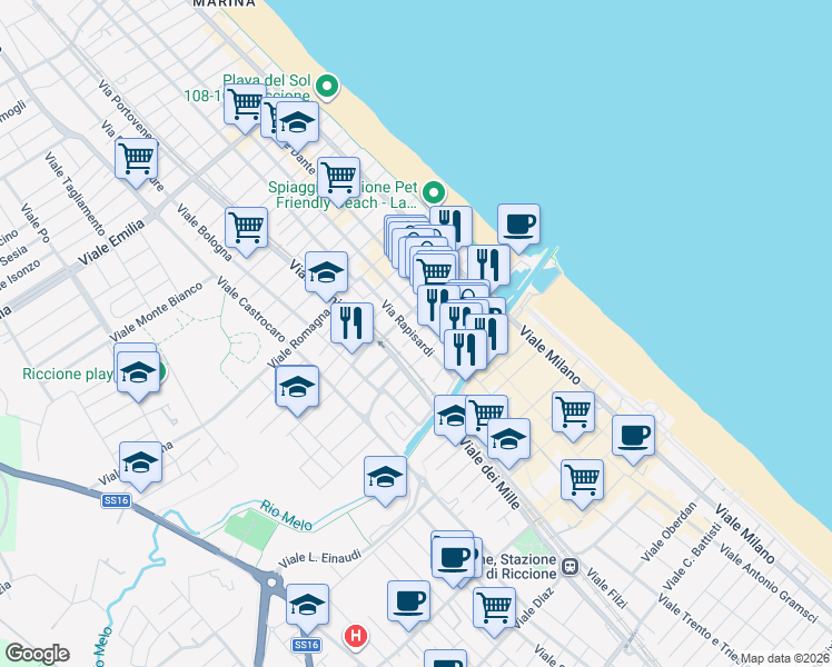 map of restaurants, bars, coffee shops, grocery stores, and more near 18 Viale Zandonai in Riccione