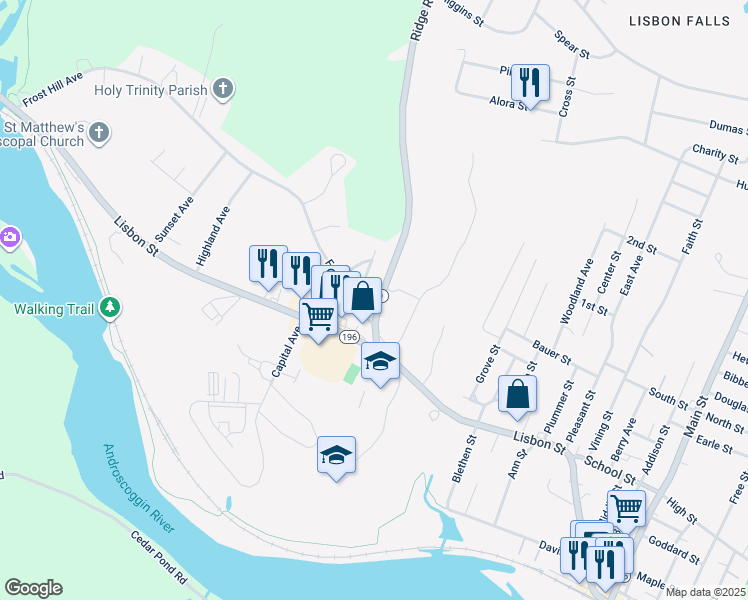 map of restaurants, bars, coffee shops, grocery stores, and more near 6 Ridge Road in Lisbon