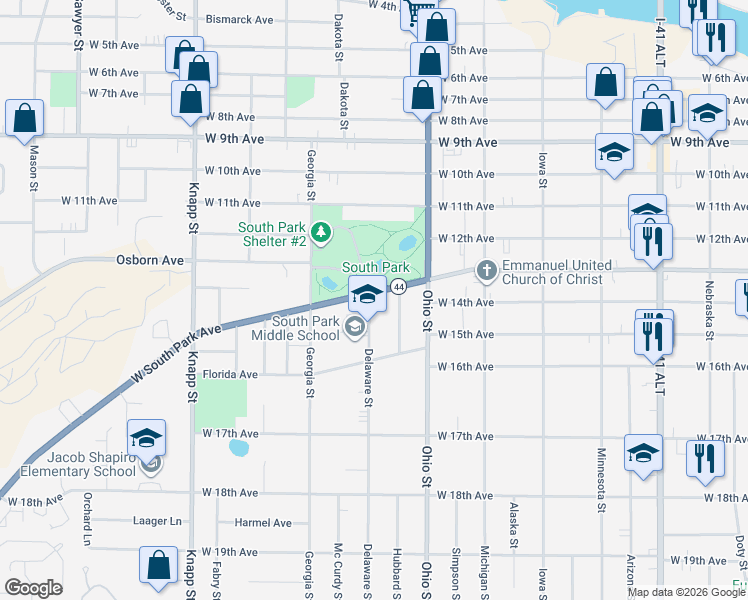 map of restaurants, bars, coffee shops, grocery stores, and more near 717 West South Park Avenue in Oshkosh
