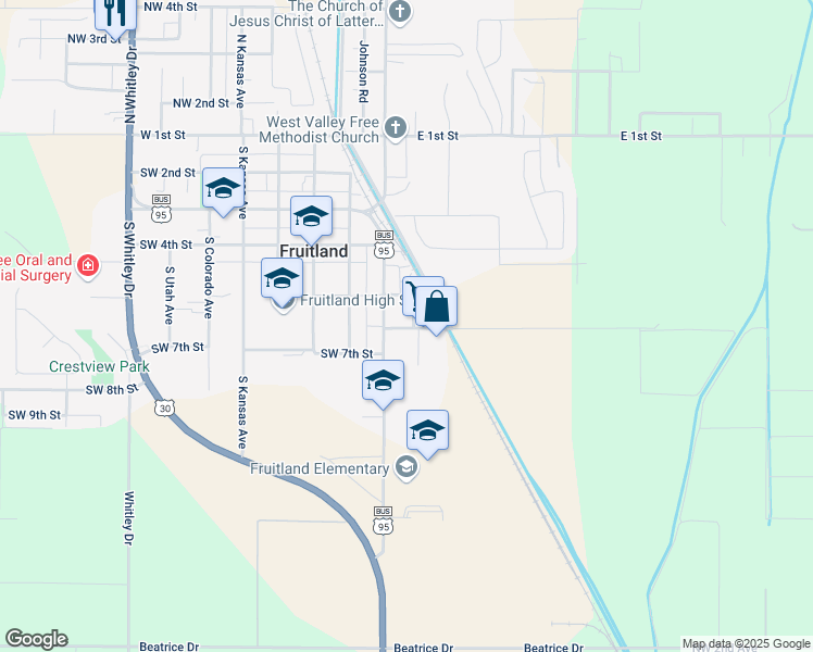 map of restaurants, bars, coffee shops, grocery stores, and more near 103 Southeast 6th Street in Fruitland