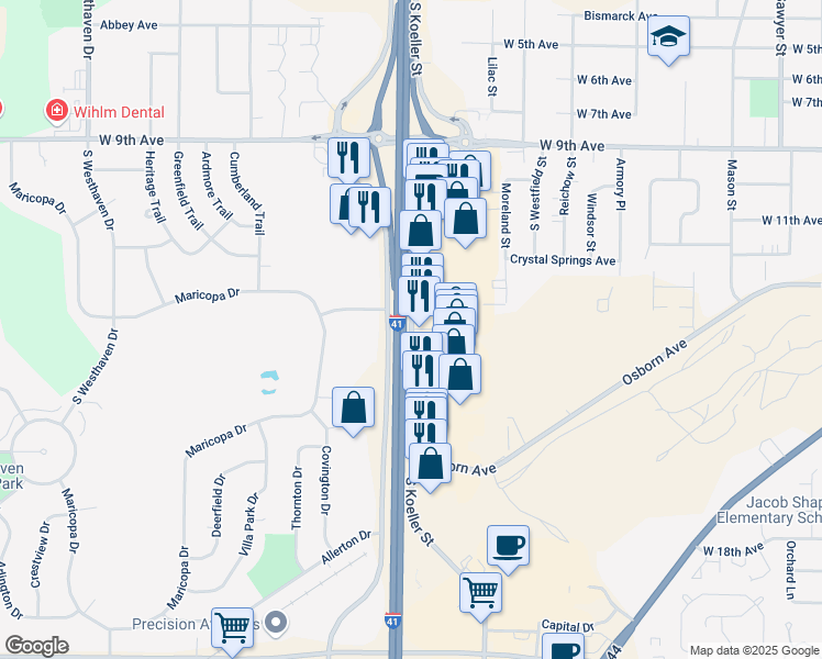 map of restaurants, bars, coffee shops, grocery stores, and more near South Koeller Street in Oshkosh