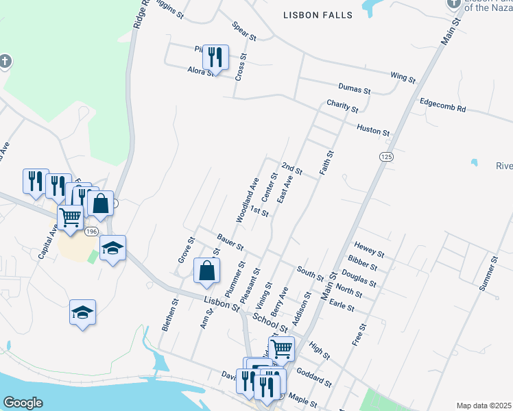 map of restaurants, bars, coffee shops, grocery stores, and more near 16 Center Street in Lisbon