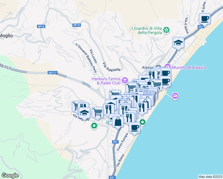 map of restaurants, bars, coffee shops, grocery stores, and more near 18 Regione San Rocco in Alassio