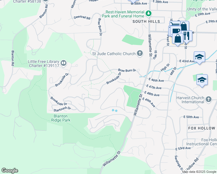 map of restaurants, bars, coffee shops, grocery stores, and more near 406 Brookside Drive in Eugene