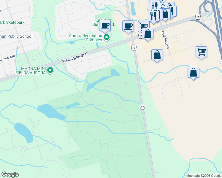 map of restaurants, bars, coffee shops, grocery stores, and more near 45 Adena Meadows Way in Aurora