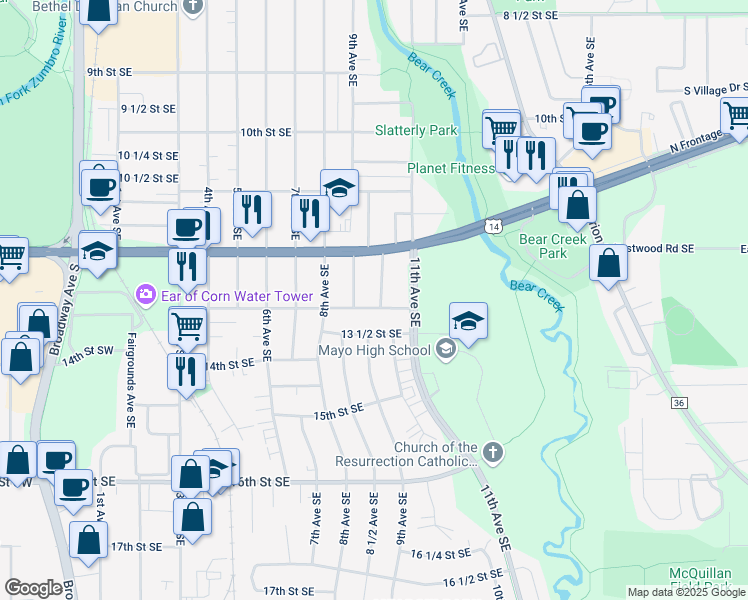 map of restaurants, bars, coffee shops, grocery stores, and more near 1248 9th Avenue Southeast in Rochester