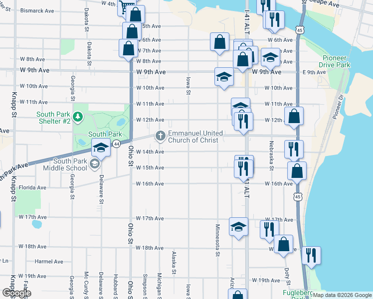 map of restaurants, bars, coffee shops, grocery stores, and more near 426 West 14th Avenue in Oshkosh