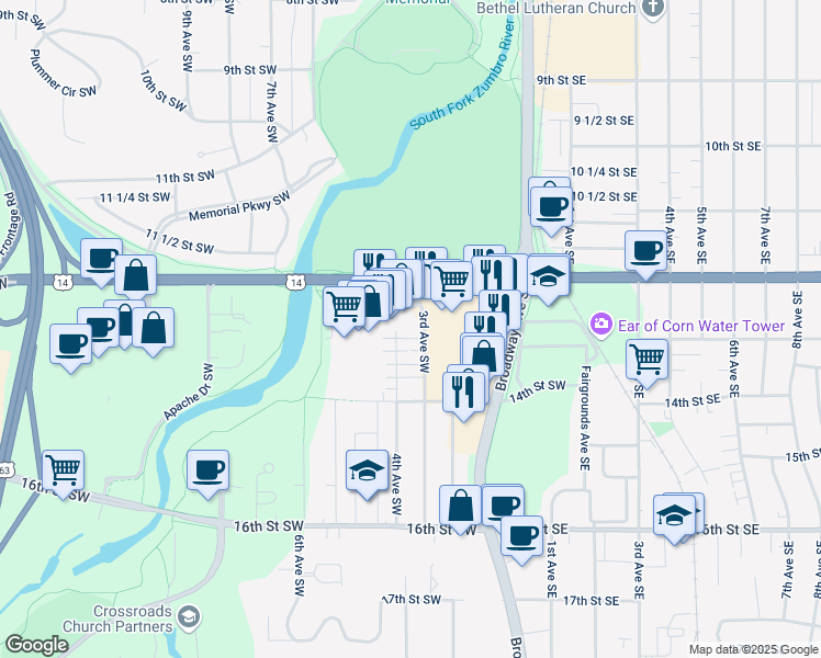 map of restaurants, bars, coffee shops, grocery stores, and more near 1232 3rd Avenue Southwest in Rochester