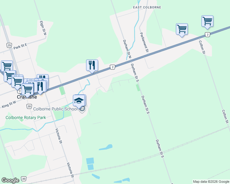 map of restaurants, bars, coffee shops, grocery stores, and more near 73 Prairie Run Road in Cramahe