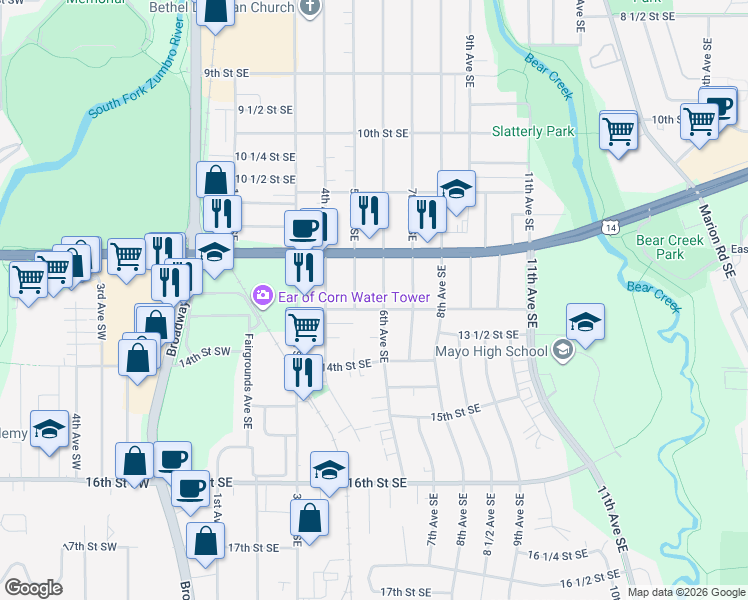 map of restaurants, bars, coffee shops, grocery stores, and more near 1247 6th Avenue Southeast in Rochester