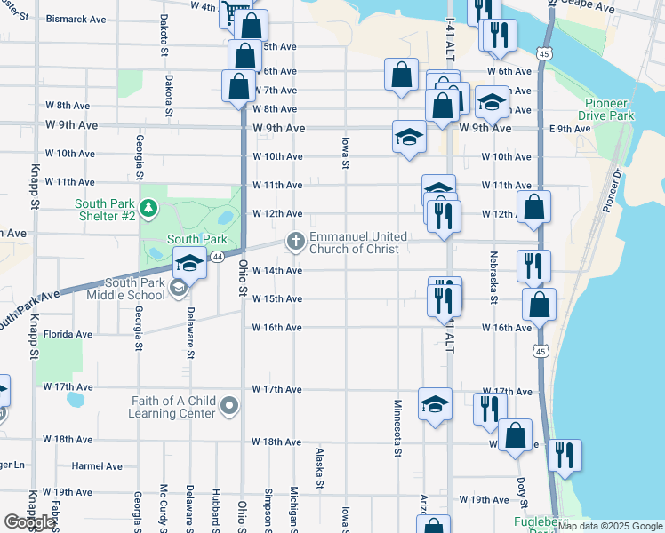 map of restaurants, bars, coffee shops, grocery stores, and more near 426 West 14th Avenue in Oshkosh