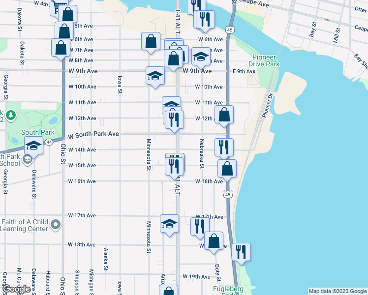 map of restaurants, bars, coffee shops, grocery stores, and more near 136 West 14th Avenue in Oshkosh