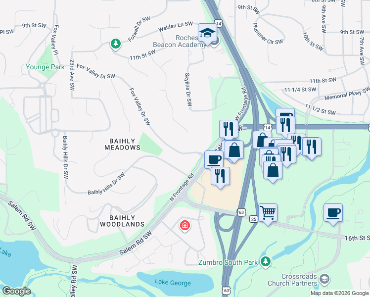 map of restaurants, bars, coffee shops, grocery stores, and more near 1721 Fox Valley Dr SW in Rochester
