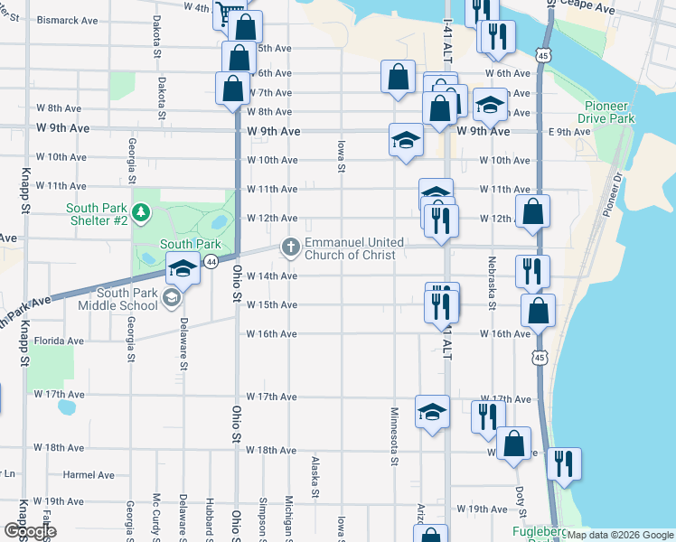 map of restaurants, bars, coffee shops, grocery stores, and more near 426 West 14th Avenue in Oshkosh