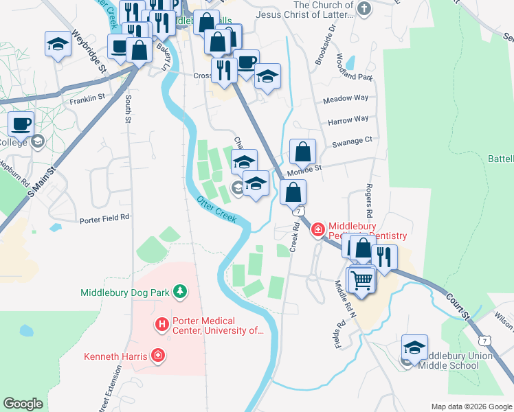 map of restaurants, bars, coffee shops, grocery stores, and more near 51 Charles Avenue in Middlebury