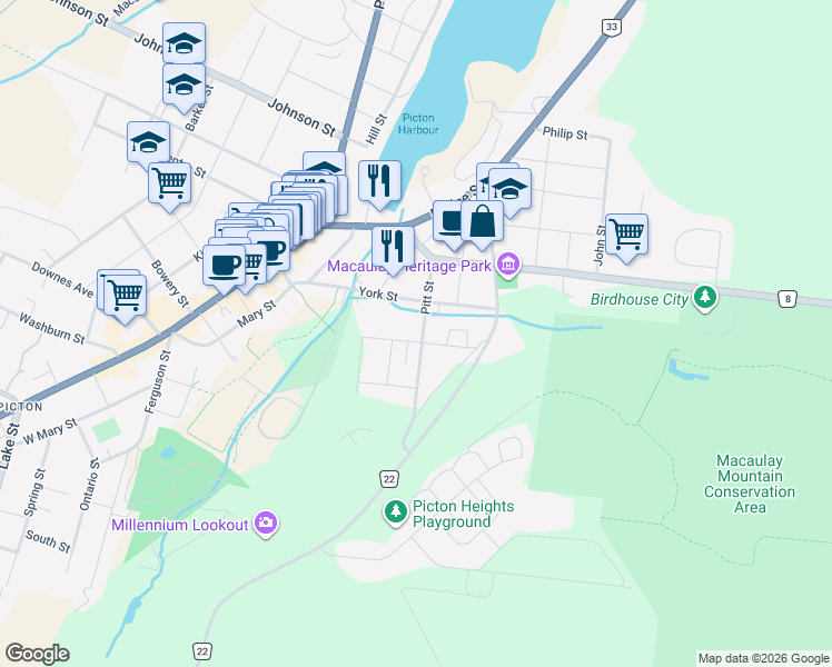 map of restaurants, bars, coffee shops, grocery stores, and more near 22 Pitt Street in Prince Edward