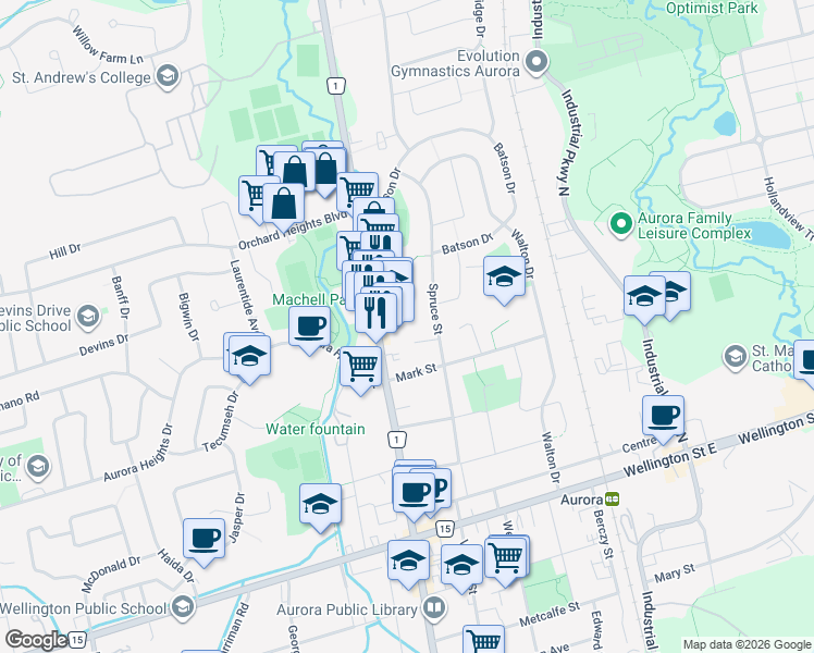 map of restaurants, bars, coffee shops, grocery stores, and more near in Aurora