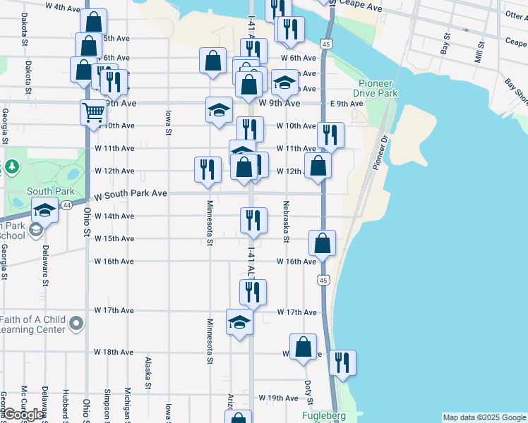 map of restaurants, bars, coffee shops, grocery stores, and more near 136 West 14th Avenue in Oshkosh