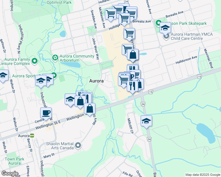 map of restaurants, bars, coffee shops, grocery stores, and more near 57 Amberhill Way in Aurora