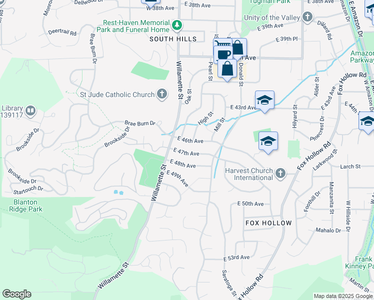 map of restaurants, bars, coffee shops, grocery stores, and more near 195 East 47th Avenue in Eugene