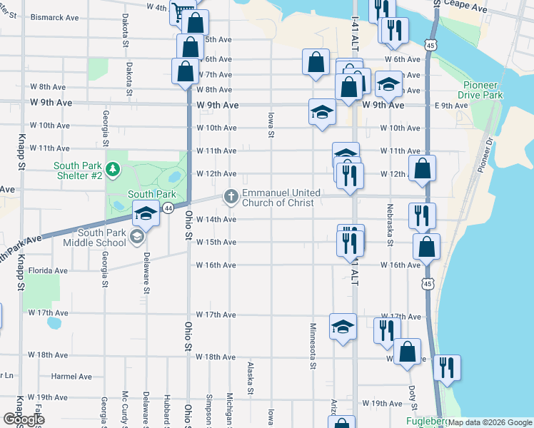 map of restaurants, bars, coffee shops, grocery stores, and more near 426 West 14th Avenue in Oshkosh