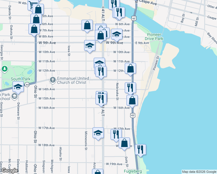 map of restaurants, bars, coffee shops, grocery stores, and more near 136 West 14th Avenue in Oshkosh