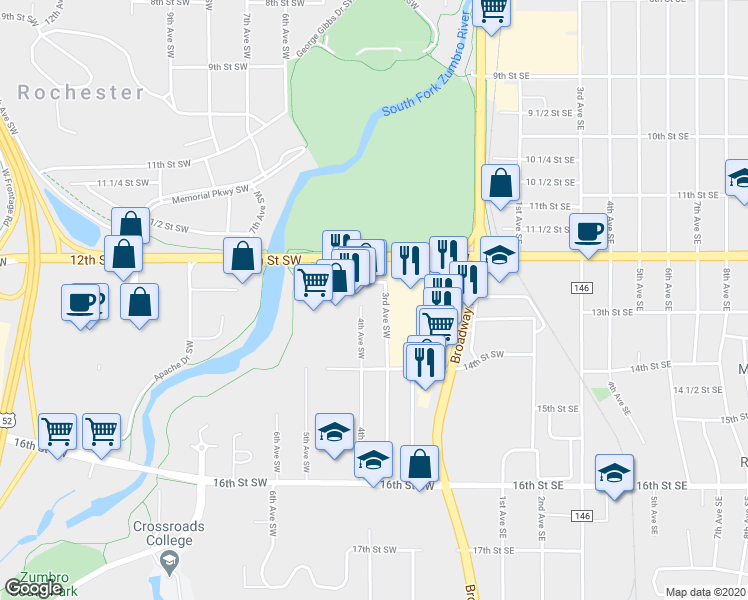 map of restaurants, bars, coffee shops, grocery stores, and more near 1232 3rd Avenue Southwest in Rochester