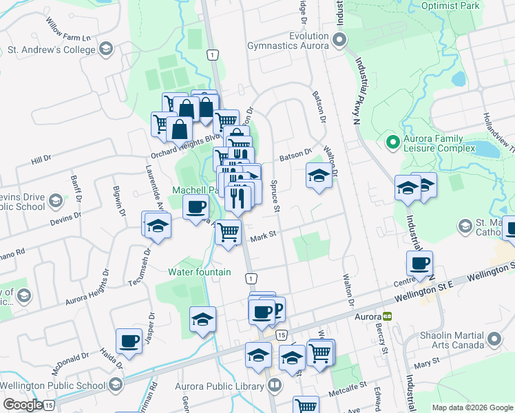 map of restaurants, bars, coffee shops, grocery stores, and more near 20 Valhalla Court in Aurora
