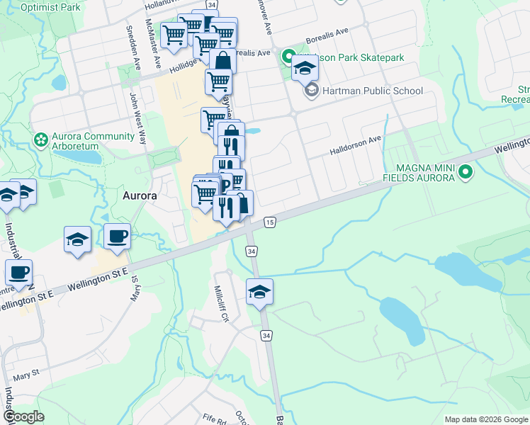 map of restaurants, bars, coffee shops, grocery stores, and more near 97 Zokol Drive in Aurora