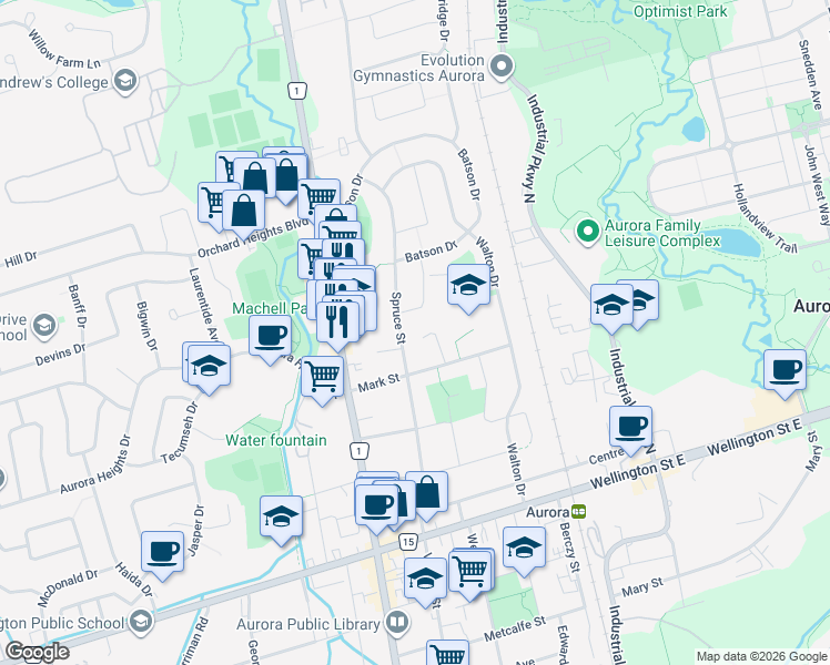 map of restaurants, bars, coffee shops, grocery stores, and more near 20 Oak Court in Aurora