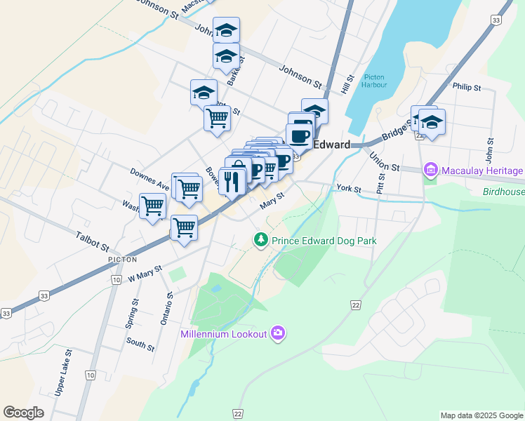 map of restaurants, bars, coffee shops, grocery stores, and more near 51 Mary Street in Prince Edward