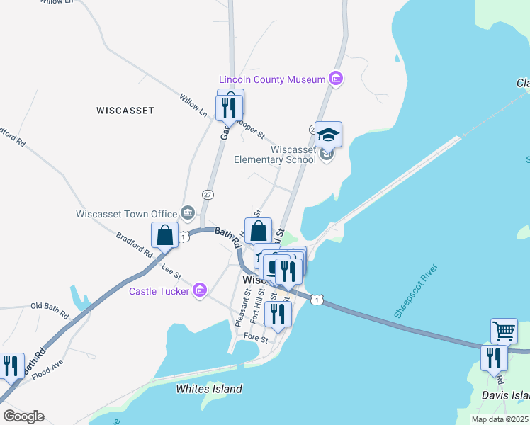 map of restaurants, bars, coffee shops, grocery stores, and more near 2 Hammond Street in Wiscasset