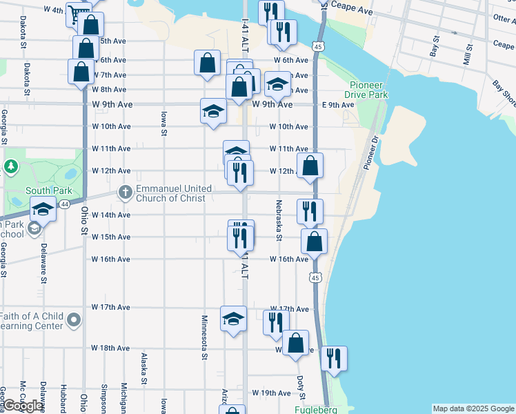map of restaurants, bars, coffee shops, grocery stores, and more near 136 West 14th Avenue in Oshkosh
