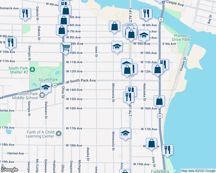 map of restaurants, bars, coffee shops, grocery stores, and more near 333 West 14th Avenue in Oshkosh