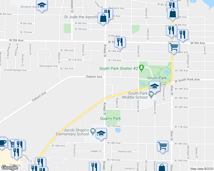 map of restaurants, bars, coffee shops, grocery stores, and more near 1429 Berger Street in Oshkosh