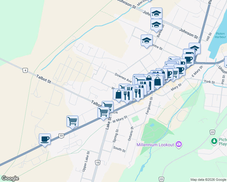 map of restaurants, bars, coffee shops, grocery stores, and more near 33 Washburn Street in Prince Edward