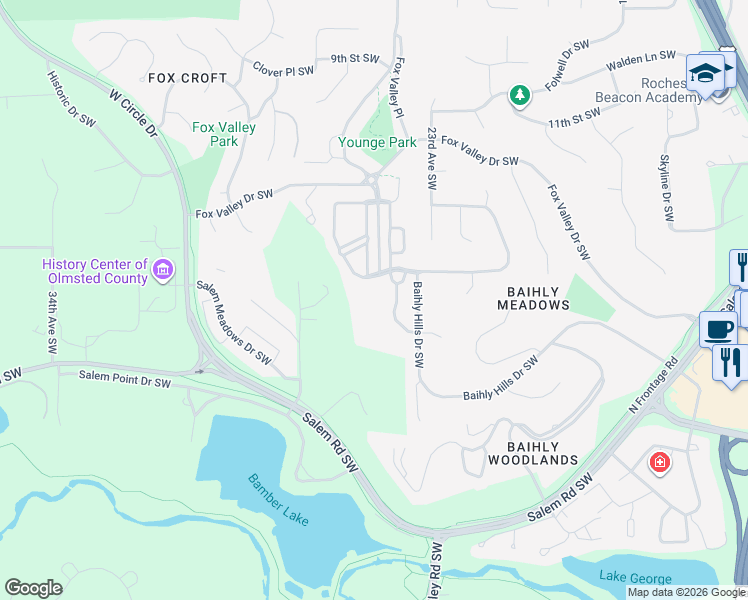 map of restaurants, bars, coffee shops, grocery stores, and more near 1235 Fox Hill Place Southwest in Rochester