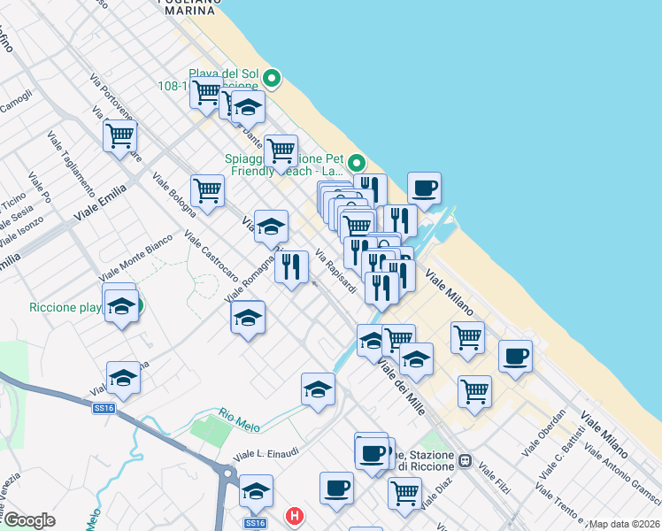 map of restaurants, bars, coffee shops, grocery stores, and more near 18 Viale Zandonai in Riccione