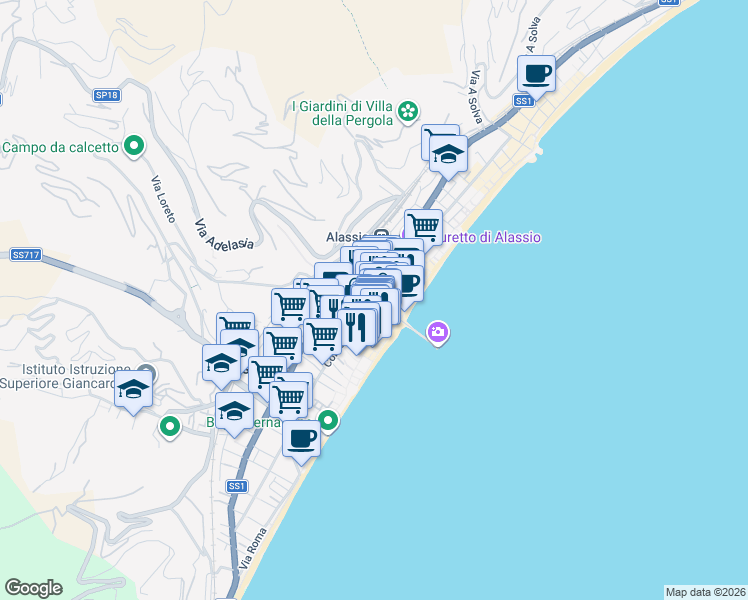 map of restaurants, bars, coffee shops, grocery stores, and more near 14 Via Alessandro Volta in Alassio