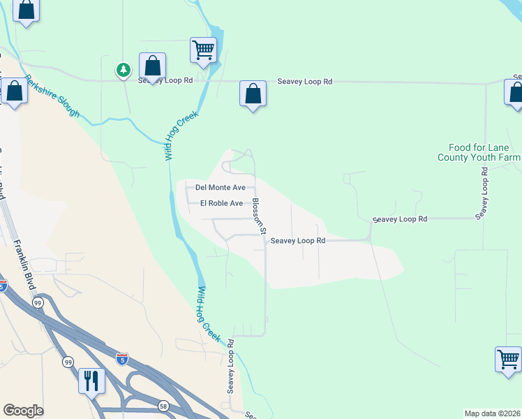 map of restaurants, bars, coffee shops, grocery stores, and more near 86207 Blossom Street in Eugene