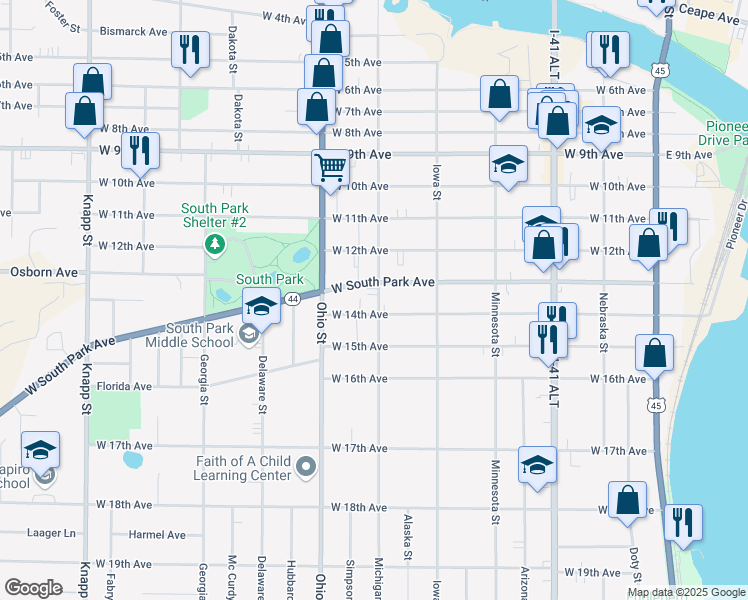map of restaurants, bars, coffee shops, grocery stores, and more near 1317 Michigan Street in Oshkosh