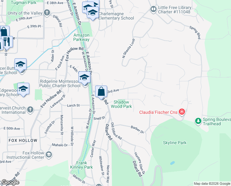 map of restaurants, bars, coffee shops, grocery stores, and more near 1464 East 43rd Avenue in Eugene