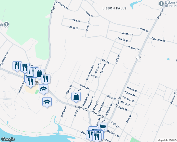 map of restaurants, bars, coffee shops, grocery stores, and more near 16 Center Street in Lisbon