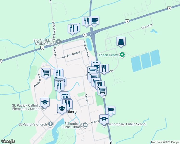 map of restaurants, bars, coffee shops, grocery stores, and more near 50 Doctor Kay Drive in Schomberg