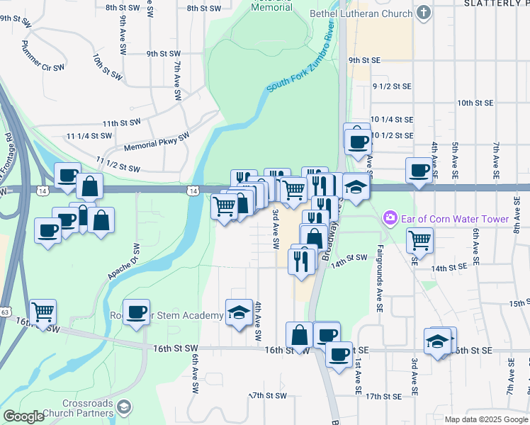 map of restaurants, bars, coffee shops, grocery stores, and more near 1232 3rd Avenue Southwest in Rochester