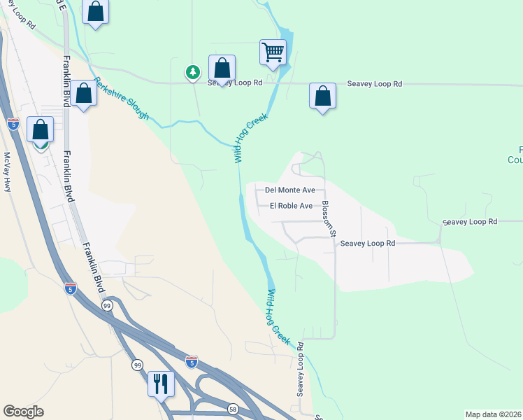 map of restaurants, bars, coffee shops, grocery stores, and more near 34098 El Roble Avenue in Eugene